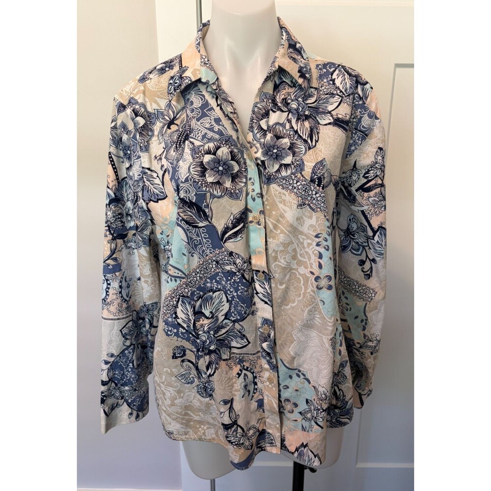 Chicos Womens Button TOP Long Sleeve Blue Beige Floral  Size 3 (XL/16)